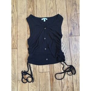 Derek Heart Tank Top Black Ribbed Sleeveless Button Up‎ Drawstring Women's